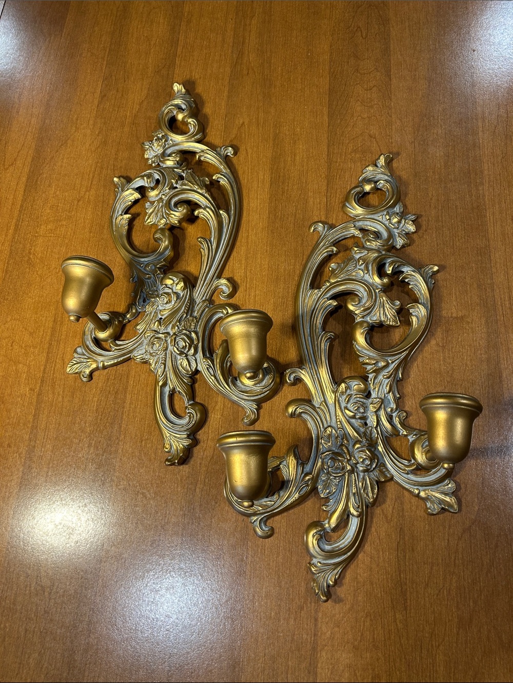 Cameo Creation Ornate Gold Wall Sconce Pair - Decorative Floral Candle Holders